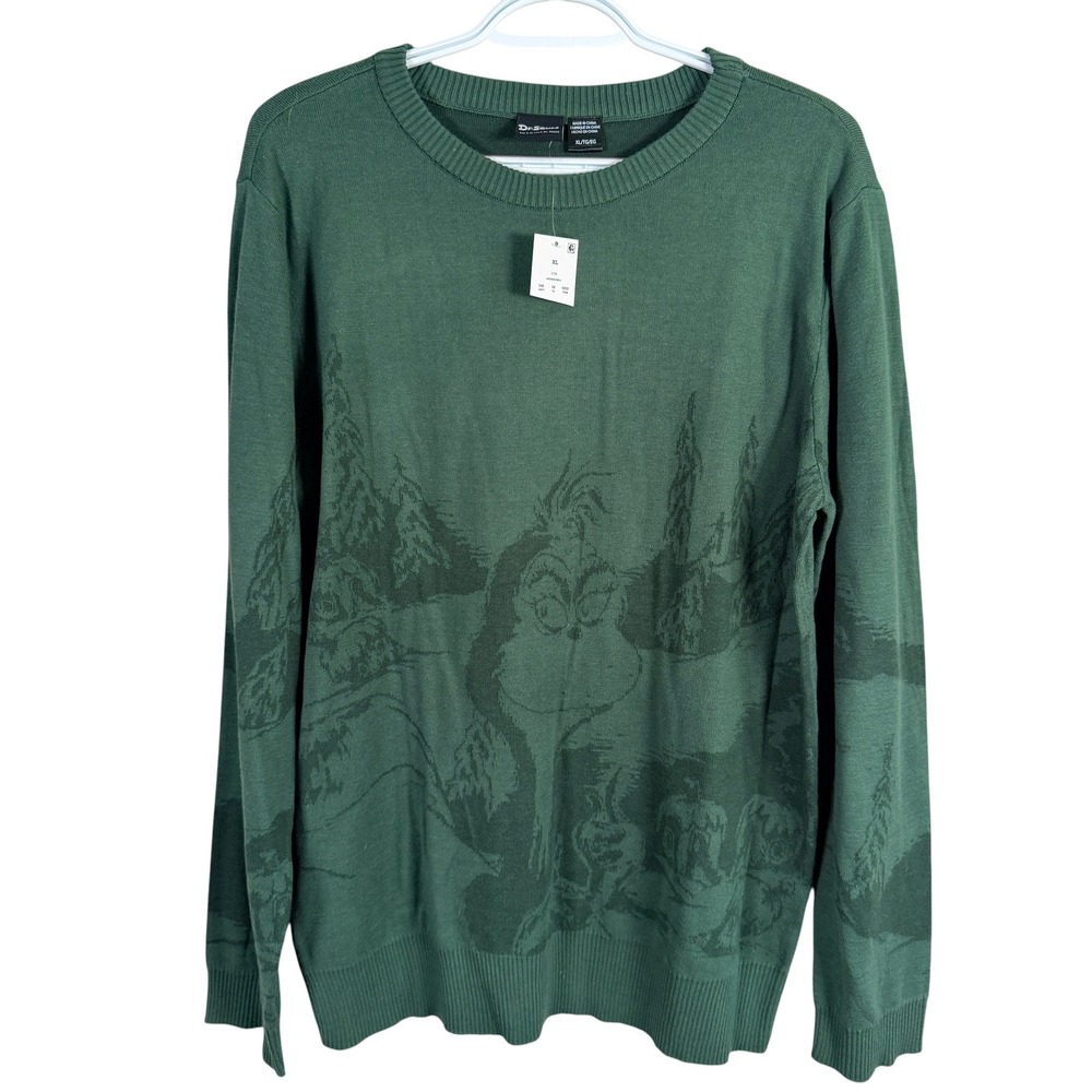 Dr. Seuss The‎ Grinch Sweater Mens XL Green Graphic Knit Holiday Crewneck NEW